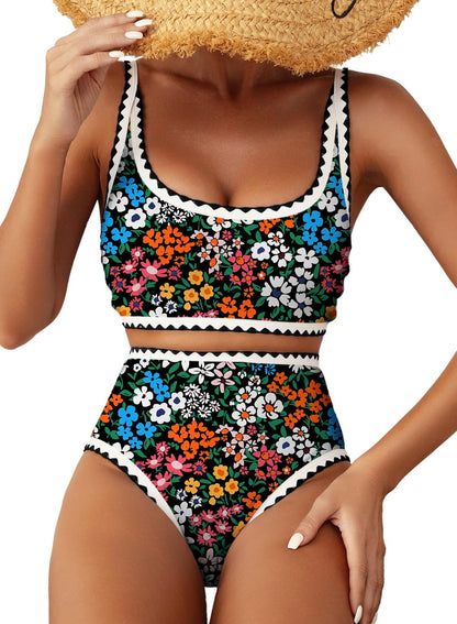 HOTHerseas Women's Bikini Sets Floral Print Whip Stitch 2 Piece Swimsuits High Waisted Scoop Bathing Suits