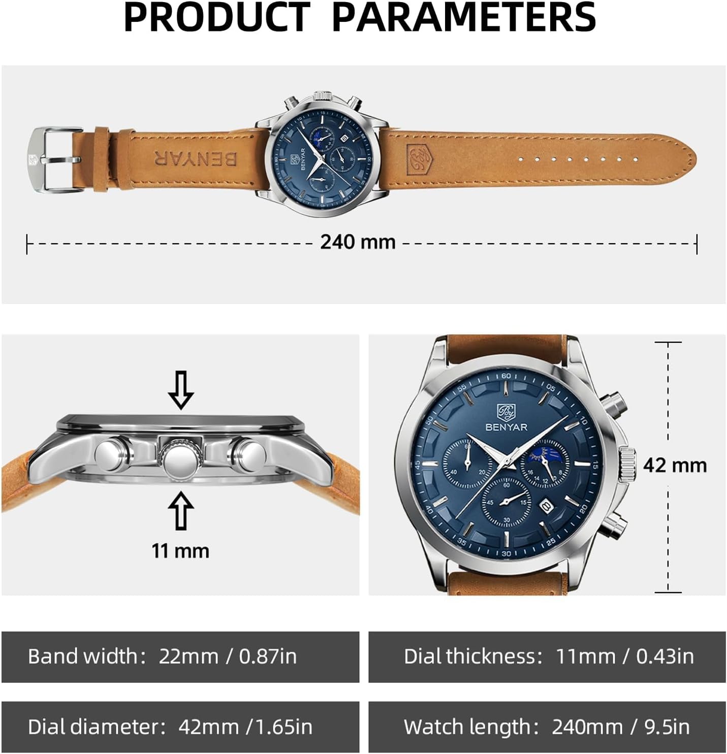 HOTBENYAR Mens Watches Analog Quartz Chronograph Waterproof Wrist Watches for Men Fashion Business Work Casual Sport Designer Dress Watch with Calendar Elegant Gifts for Men