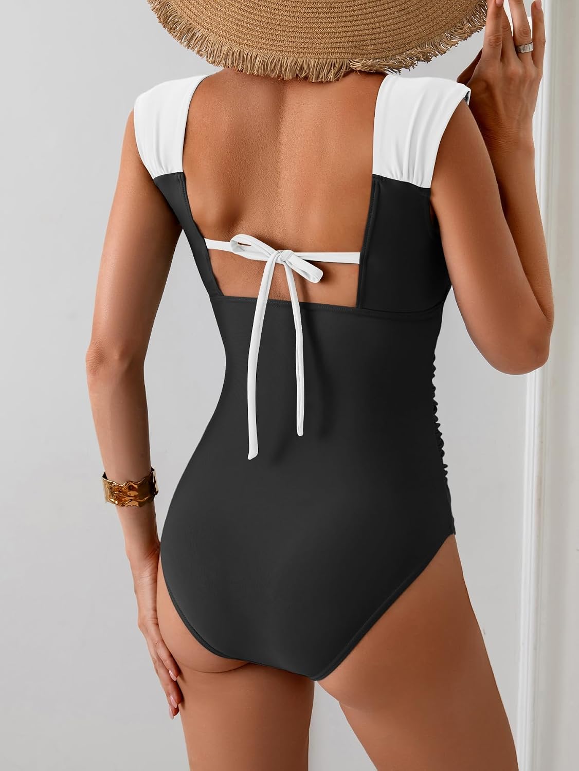 HOTB2prity Womens One Piece Swimsuit Retro Square Neck Tummy Control Bathing Suits Ruched Modest Full Coverage Swimwear