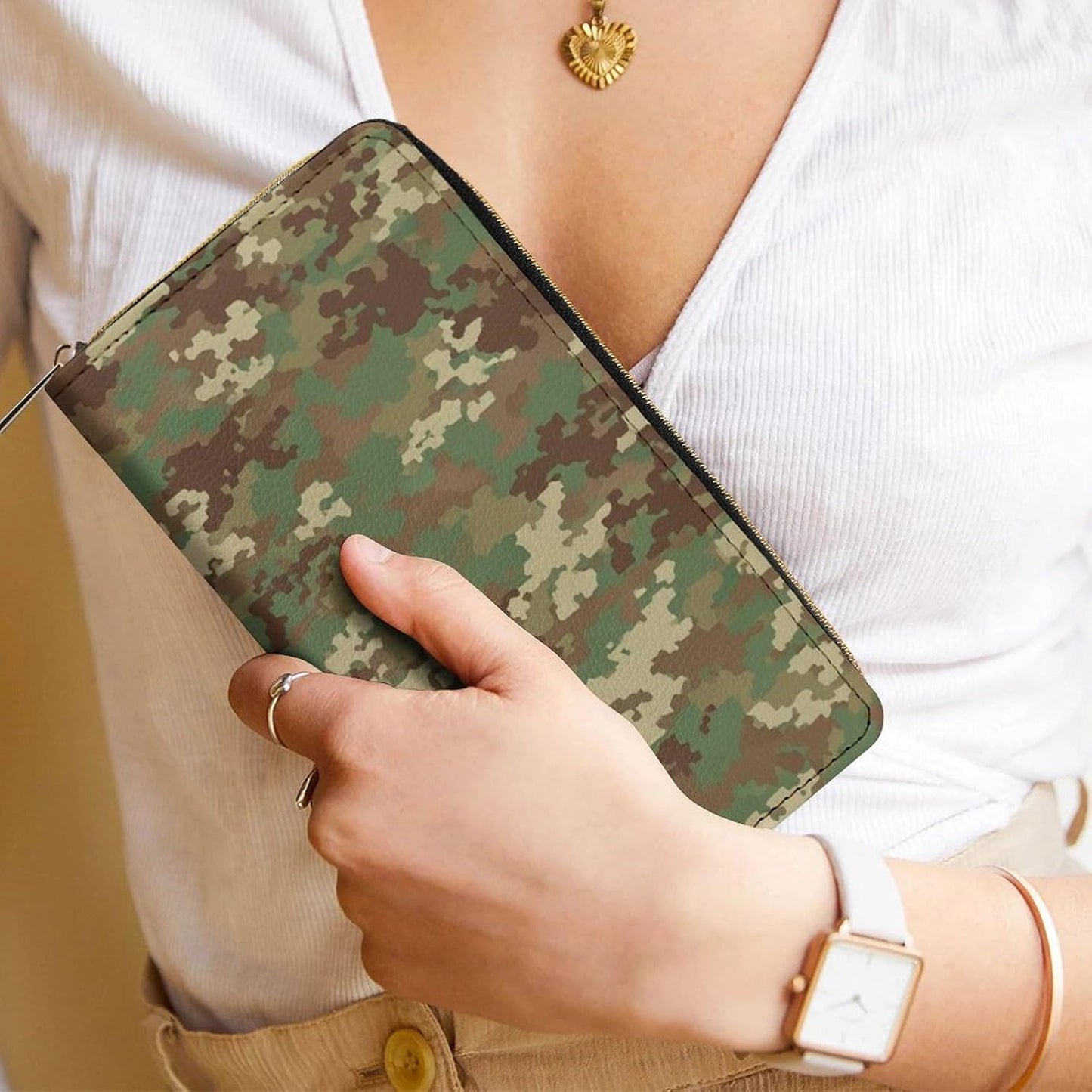 HOTPortable Womens Long PU Leather Wallet Army Classic Camouflage Pattern, Large Capacity Multi Card Slot Organizer, Waterproof Slim Purse for Shopping Trips
