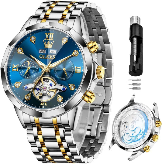 HOTOLEVS Skeleton Men Watches Automatic Business Luxury Diamond Self Winding Watch for Men Stainless Steel Calendar Wrist Watch