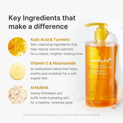 HOTmedicube Kojic Acid Turmeric Brightening Body Wash | Gentle Shower Gel for Uneven Skin | Niacinamide, Vitamin C, AHA/BHA | Deep Cleansing, Hydrating Formula | Easy and Effective, 13.52 fl.oz