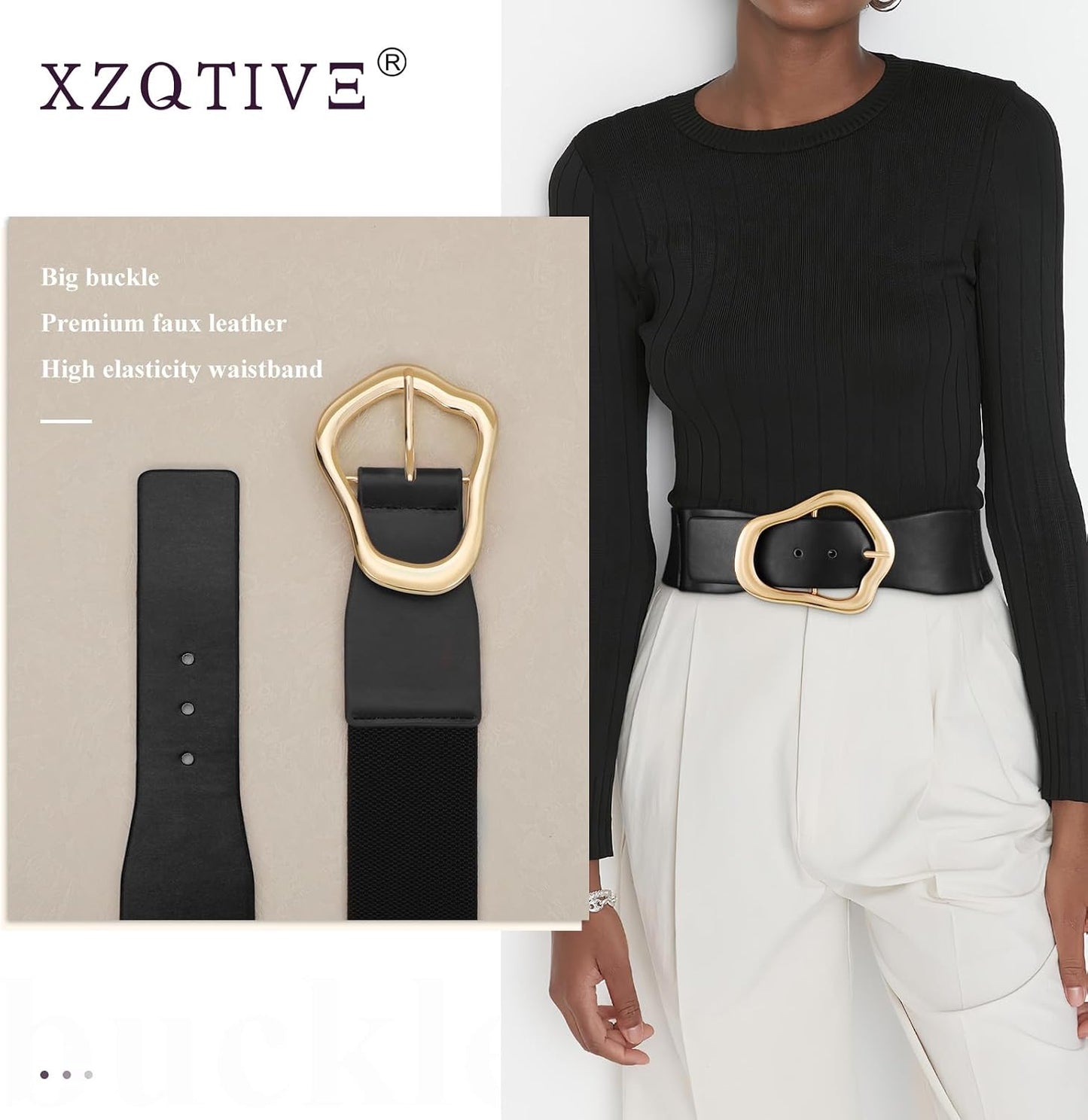 HOTXZQTIVE Women Wide Elastic Waist Belt for Dresses Fashion Big Gold Buckle Stretchy Leather Waistband for Ladies