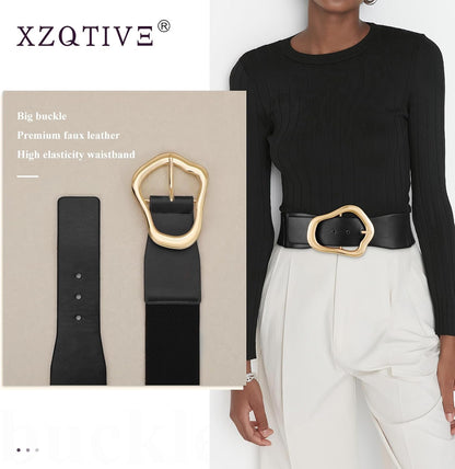 HOTXZQTIVE Women Wide Elastic Waist Belt for Dresses Fashion Big Gold Buckle Stretchy Leather Waistband for Ladies