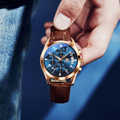 HOTOLEVS Men's Casual Leather Watch, Big Face Chronograph Watch for Men, Fashion Easy to Read Dress Watch, Men's Waterproof Luminous Date Analog Watch, Gold/Black/White/Blue Dial