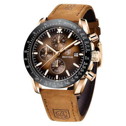 HOTBENYAR Mens Watches Quartz Movement Chronograph Leather Strap Fashion Business Sport Design 30M Waterproof Scratch Resistant Elegant Gifts for Men