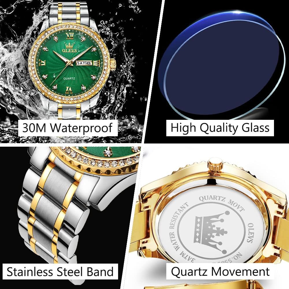 HOTOLEVS Men's Casual Stainless Steel Watch, Big Face Easy to Read Analog Quartz Watch with Day and Date, Classic Waterproof Diamond Roman Arabic Numeral Dial Dress Watch for Men, Gold Silver Black Band