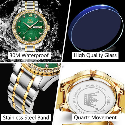HOTOLEVS Men's Casual Stainless Steel Watch, Big Face Easy to Read Analog Quartz Watch with Day and Date, Classic Waterproof Diamond Roman Arabic Numeral Dial Dress Watch for Men, Gold Silver Black Band