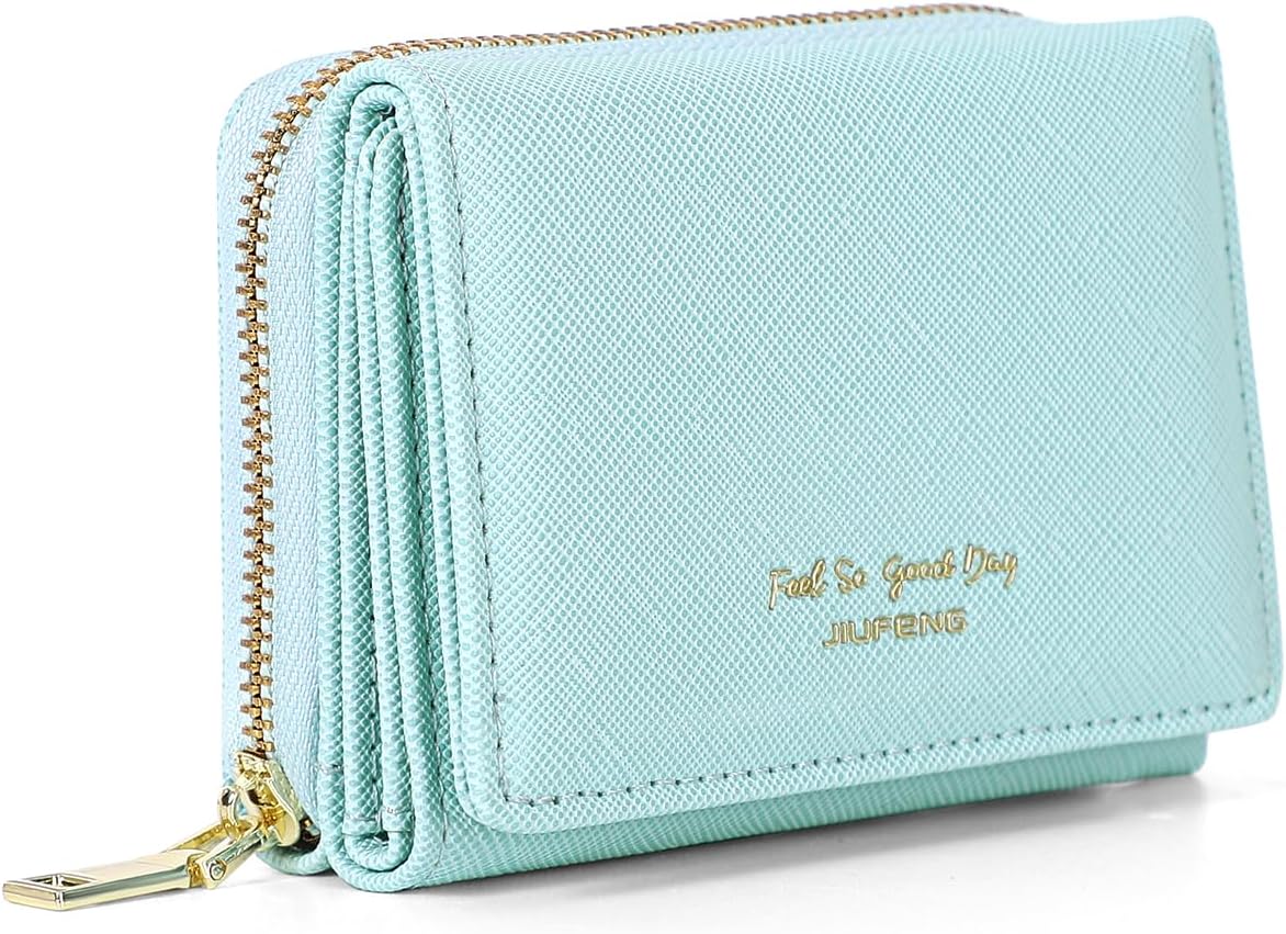 HOTJIUFENG Women's RFID Blocking Short Wallet Multi Purpose Zipper Folded Purses Coins Pouches Multi-card Position Card Organizer (Blue)