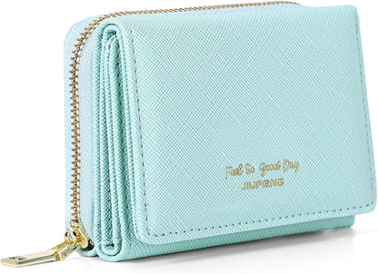 HOTJIUFENG Women's RFID Blocking Short Wallet Multi Purpose Zipper Folded Purses Coins Pouches Multi-card Position Card Organizer (Blue)