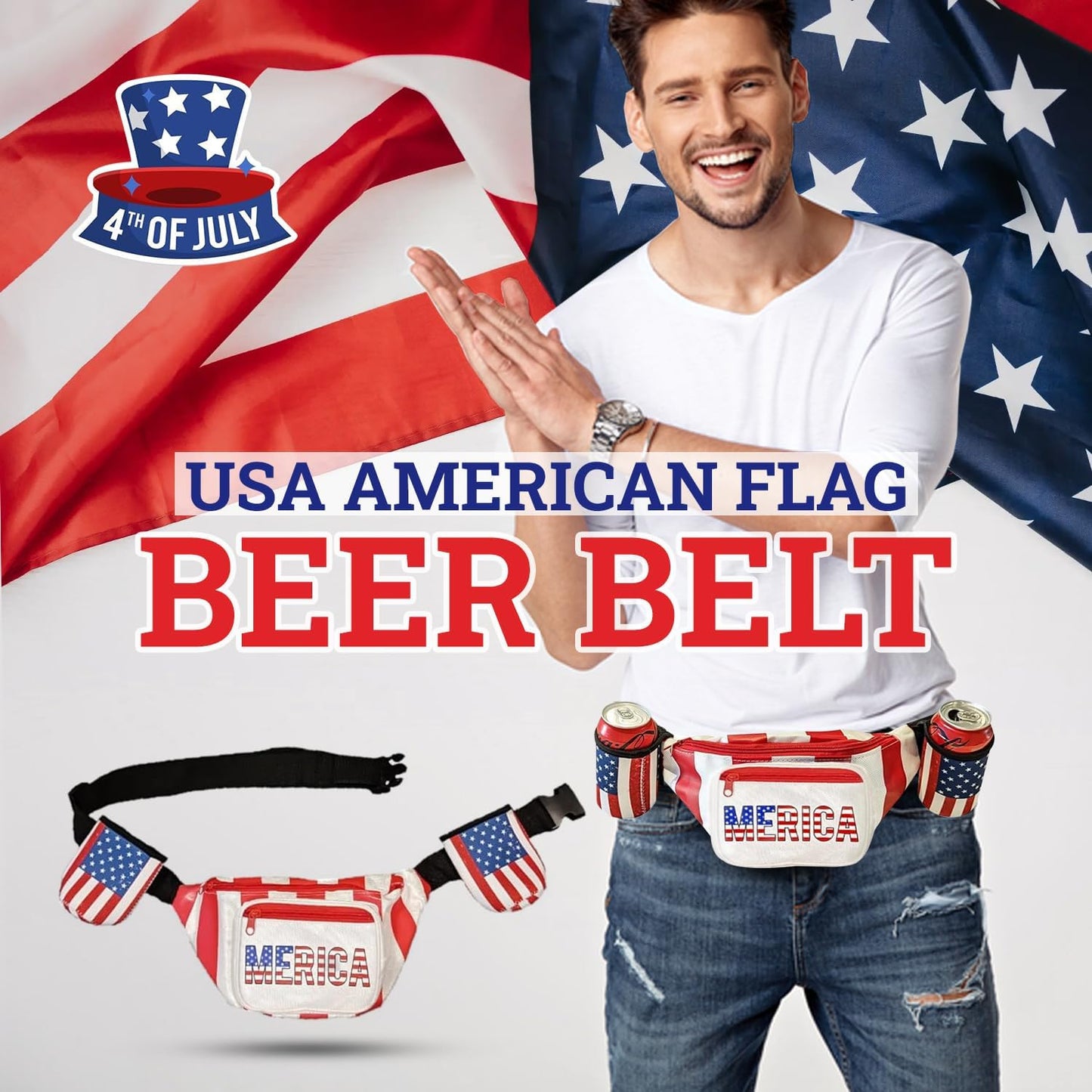 HOTHandinHandCreations USA Merica Beverage Belt Fanny Pack Holster All American Classic Costume 4th of July