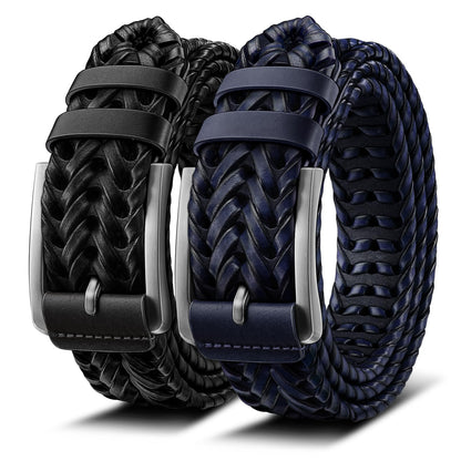 HOTBULLIANT 2-Pack Braided Woven Leather Belts for Men 1 3/8"-Gift Boxed | Holeless Understated Elegance| Breathable & Lightweight | Versatile For Golf, Casual, Jeans