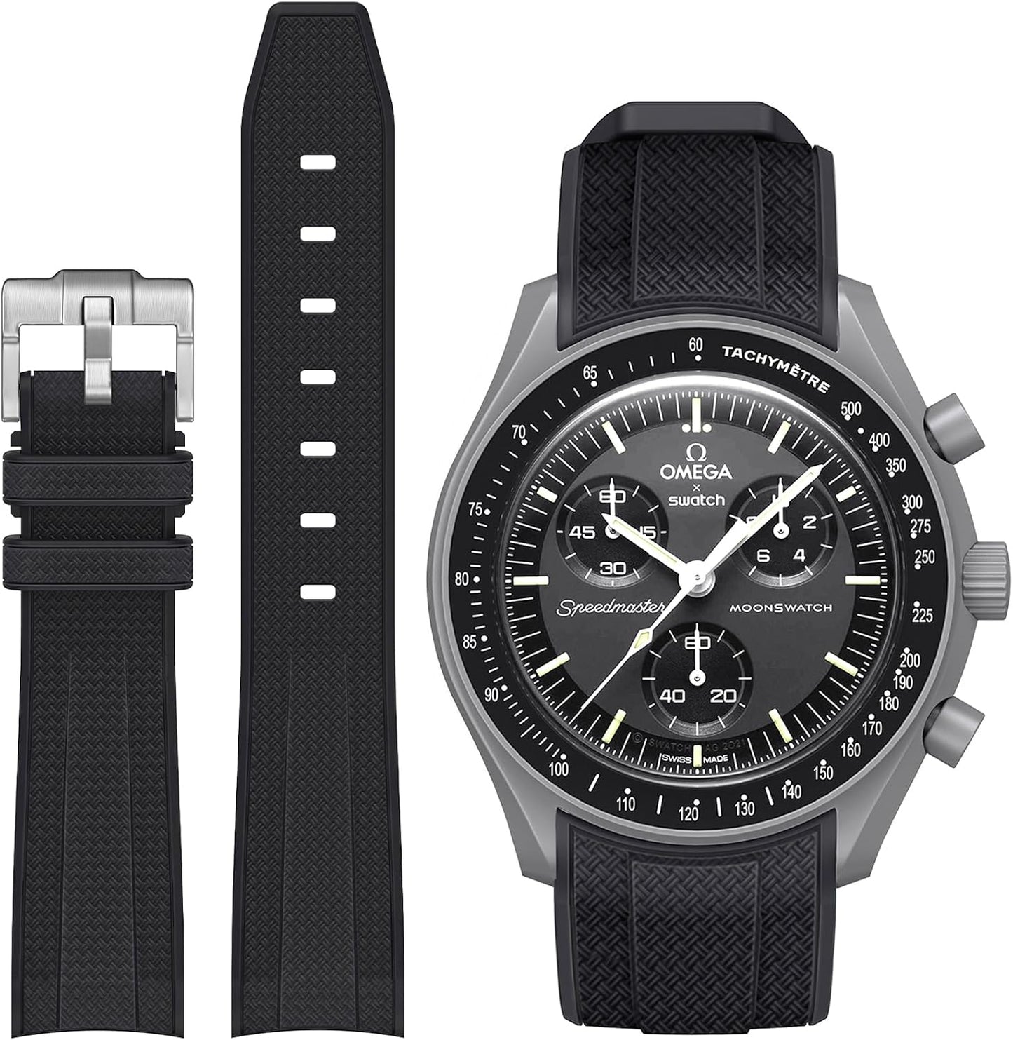 HOTStanchev Bands for Moonswatch Watch,Curved No Gap Soft Silicone Strap for Omega X Swatch Speedmaster 20mm Watch,Swatch Omega Moonswatch Speedmaster Replacement Strap Men Women (Black)