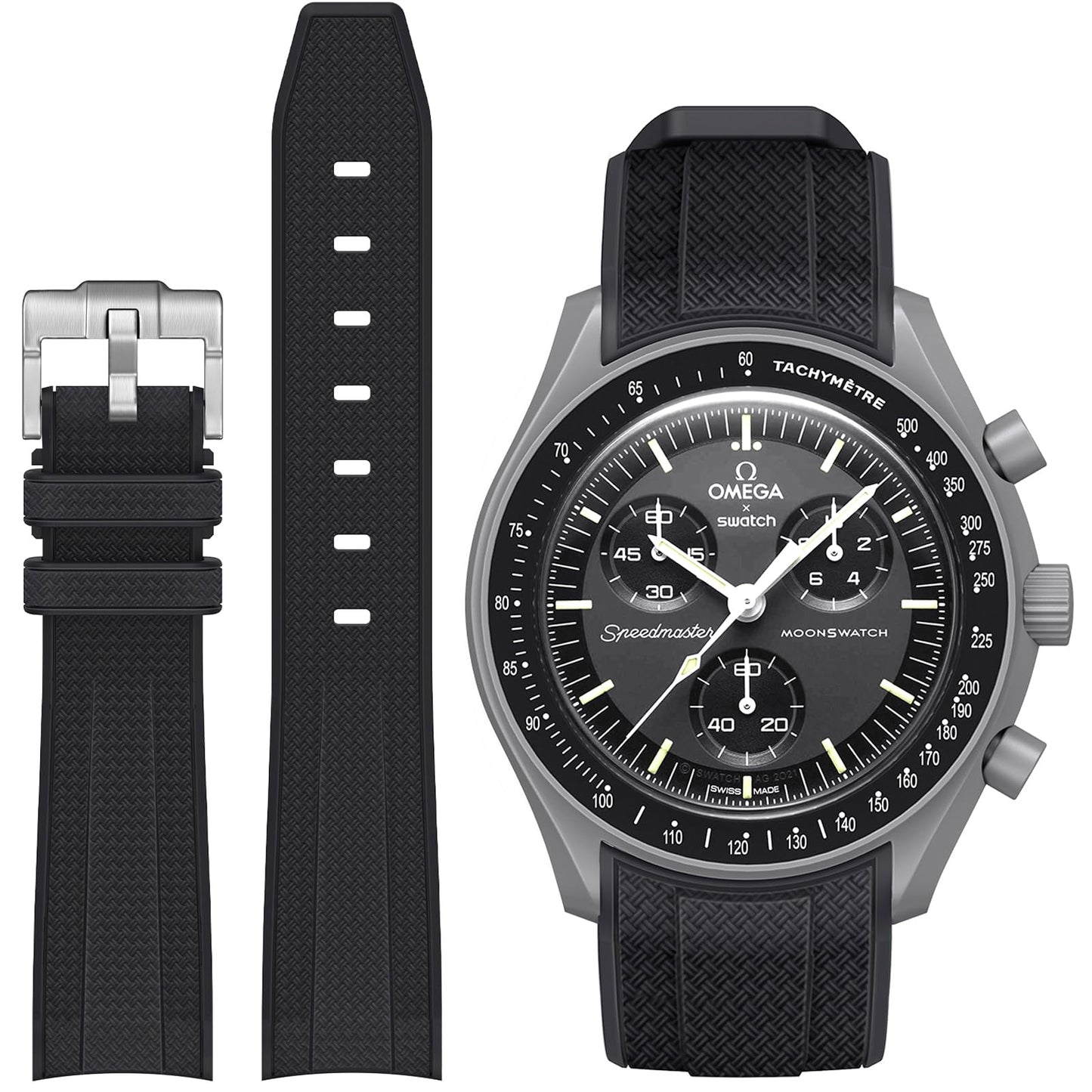 HOTStanchev Bands for Moonswatch Watch,Curved No Gap Soft Silicone Strap for Omega X Swatch Speedmaster 20mm Watch,Swatch Omega Moonswatch Speedmaster Replacement Strap Men Women (Black)