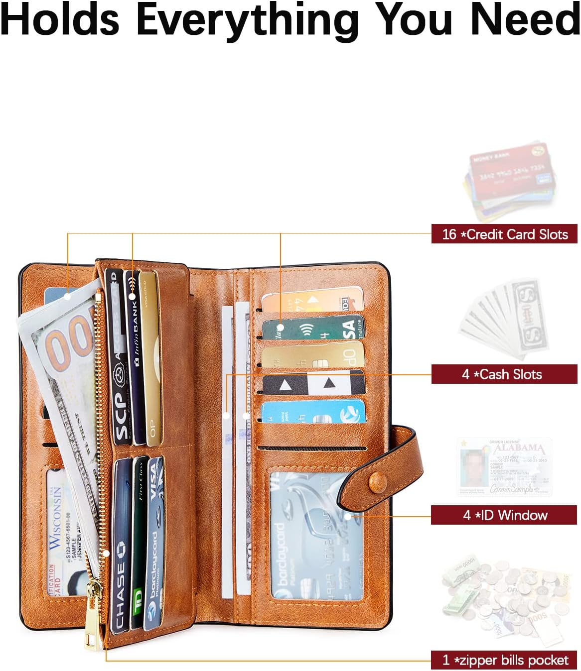 HOTBOSTANTEN Womens Leather Wallet RFID Large Capacity Credit Card Holder | 4 ID Windows, 16 Card Slots, Zipper Coin Pocket, Clutch Wallet, Long Bifold, Ladies Gifts, Brown