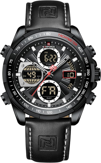 HOTNAVIFORCE Men's Military Digital Watches Analog Quartz Waterproof Watch Sport Multifunctional Leather Wristwatch