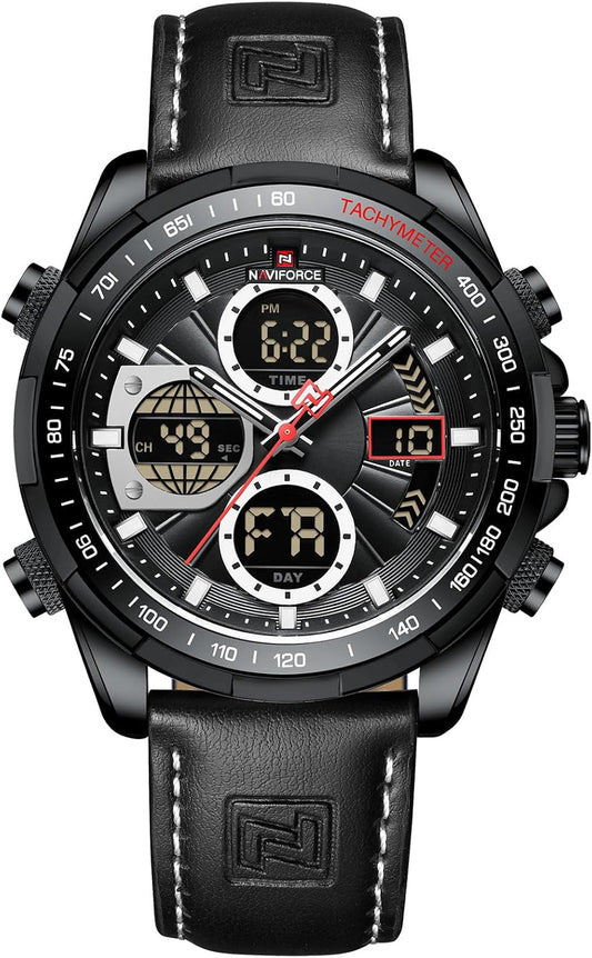 HOTNAVIFORCE Men's Military Digital Watches Analog Quartz Waterproof Watch Sport Multifunctional Leather Wristwatch