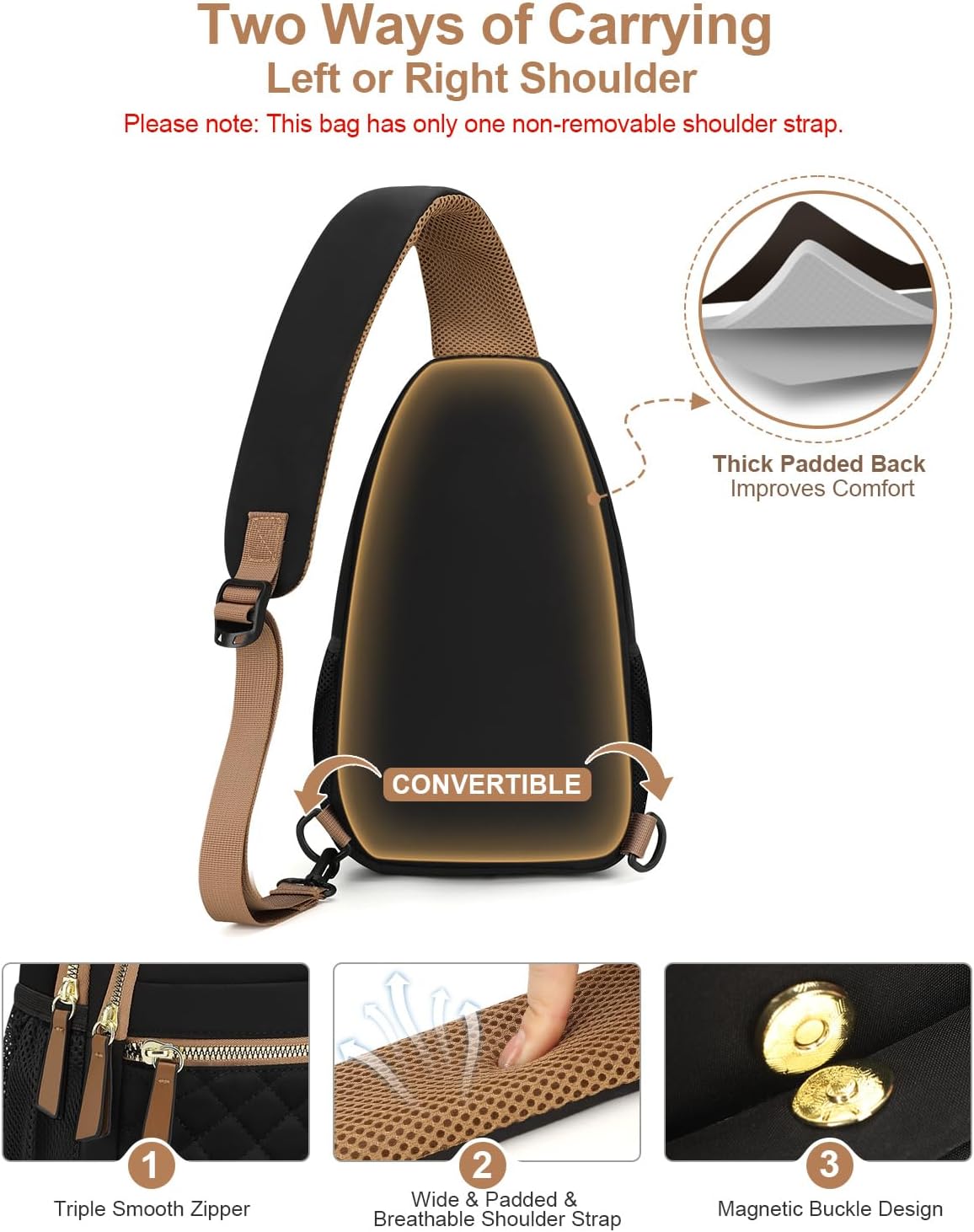 HOTCapolo Sling Bag for Women Men Waterproof Crossbody Bags for Women Trendy Casual Fanny Pack with Convertible Shoulder Strap Chest Bag for Travel Hiking(Black, Large)