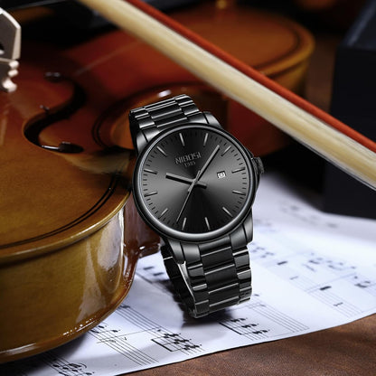 HOTNIBOSI Men Watches Analog Quartz Stainless Steel Black Watches for Men Waterproof Business Classic Watch with Day and Date Display Wrist Watch for Work and Casual Wear