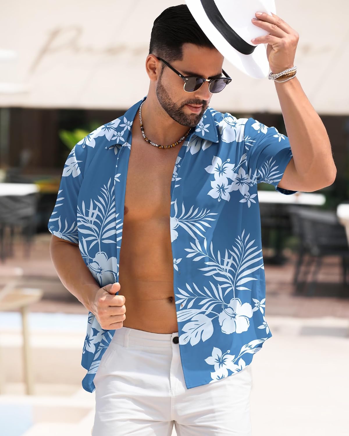 HOTBOJIN Men's Hawaiian Wrinkle Free Short Sleeve Button Down Tropical Floral Beach Vacation Shirt