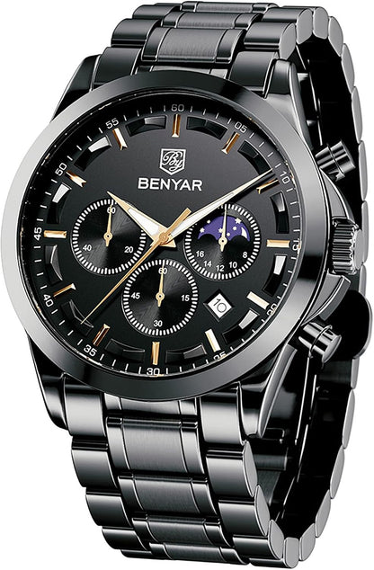 HOTBENYAR Mens Watches Analog Quartz Chronograph Waterproof Wrist Watches for Men Fashion Business Work Casual Sport Designer Dress Watch with Calendar Elegant Gifts for Men