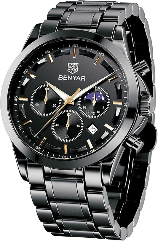 HOTBENYAR Mens Watches Analog Quartz Chronograph Waterproof Wrist Watches for Men Fashion Business Work Casual Sport Designer Dress Watch with Calendar Elegant Gifts for Men