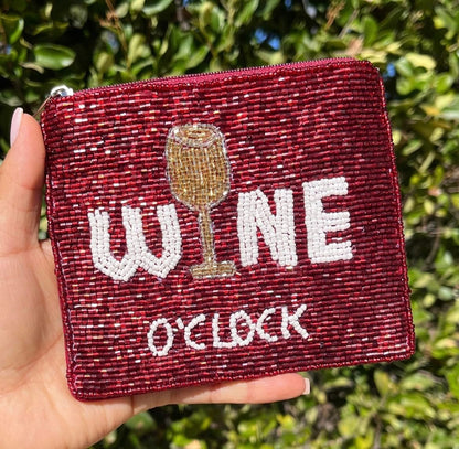 HOTWine O'Clock Coin Purse Pouch, Beaded Pouch, Birthday Gifts, Small Wallets, Gift Card Pouch, Wine Lover Must Have, Small Pouch