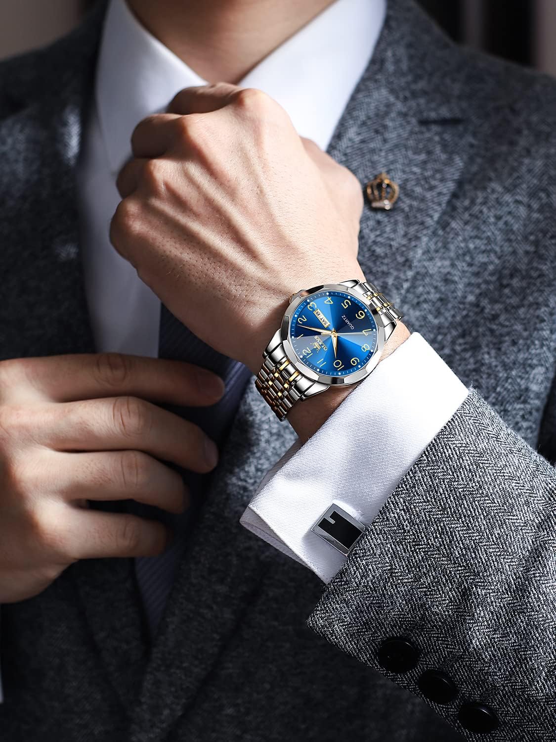 HOTOLEVS Watch for Men Luxury Dress Analog Quartz Stainless Steel Waterproof Luminous Date Diamond Business Two Tone Casual Wrist Watch