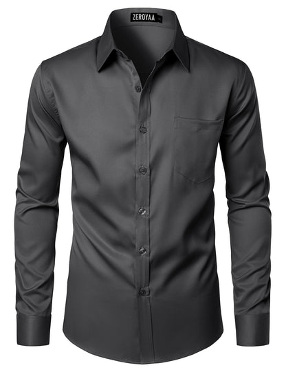 HOTZEROYAA Men's Urban Stylish Casual Business Slim Fit Long Sleeve Button Up Dress Shirt with Pocket