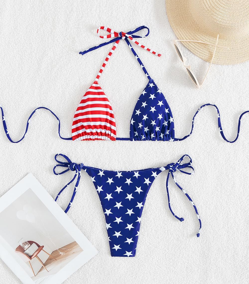 HOTTainehs Women's Sexy Halter Thong Bikini Tie Two Sides Bottom Triangle Bikini Swimsuits
