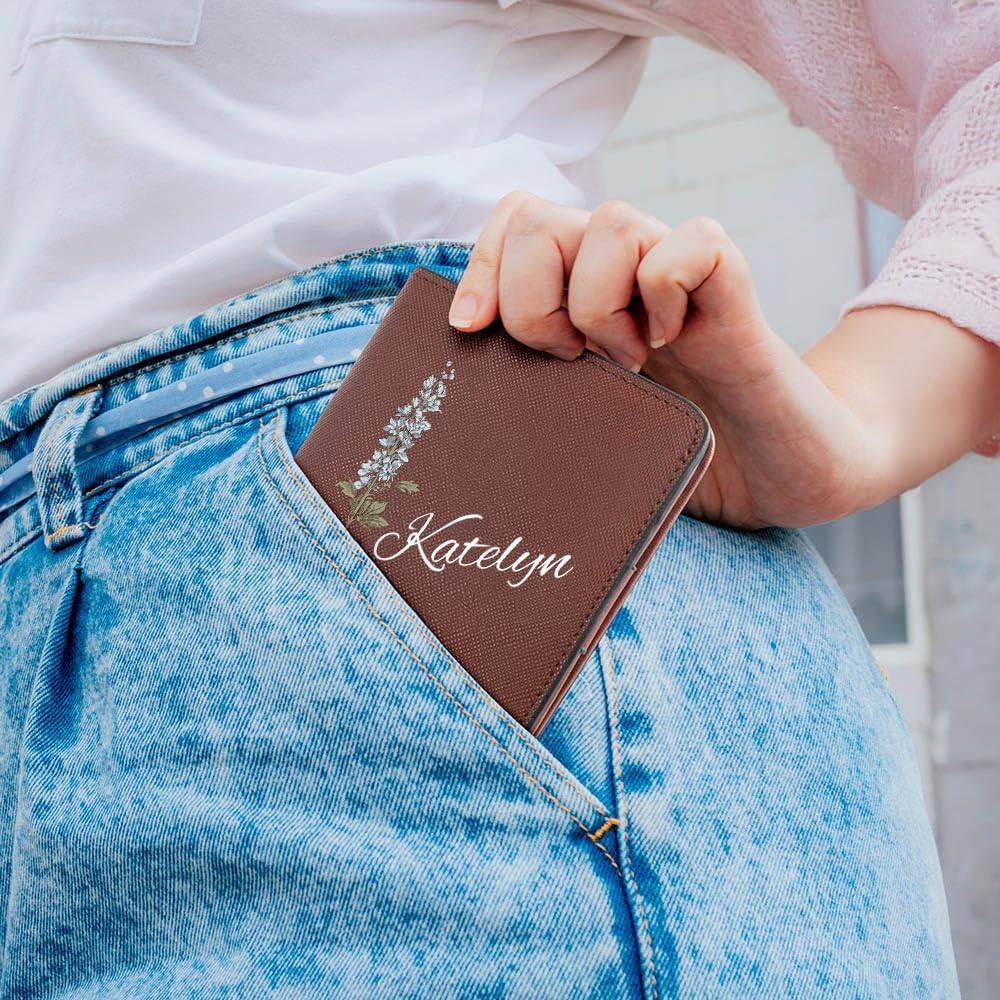 HOTCALLIE Womens Wallet Personalized - Custom Birth Flower and Name on Leather Bifold Pocket Wallet - Mother's Day Gift for Women, Wife, Grandma