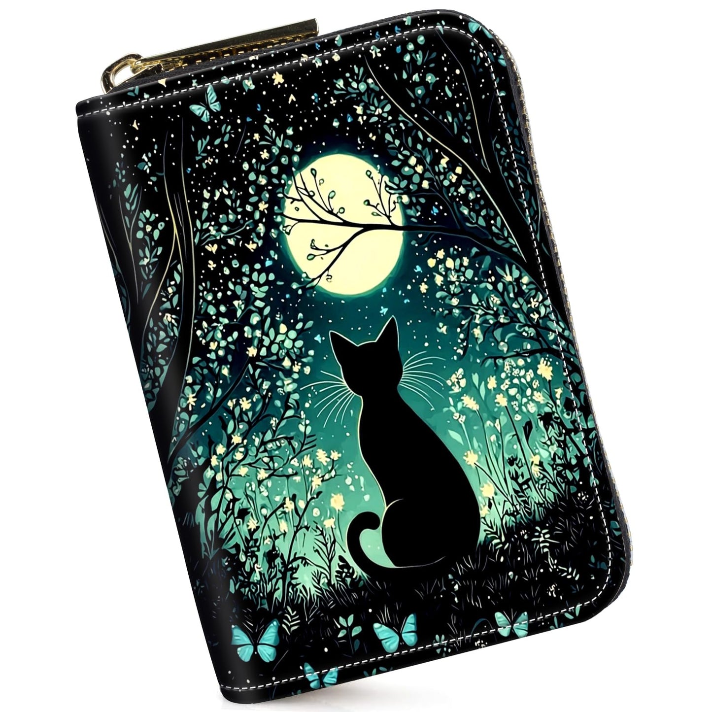 HOTCredit Card Holder for Women Men,RFID Blocking Small Card Case Wallet with Zipper,Leather Pocket Business Card Accordion Wallet-Green Dragonfly