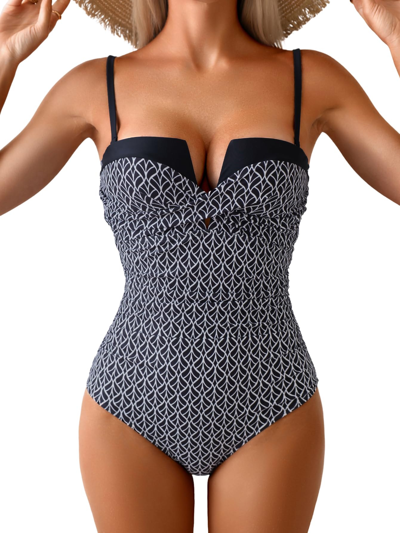 HOTEomenie Women's Push Up Wrap Front Swimsuit One Piece Slimming Bathing Suit | Ruched Tummy Control, Bandeau Strapless with Detachable Strap, Cutout Twist ,Tie Back, Support Bra Swimwear Beach Swimming