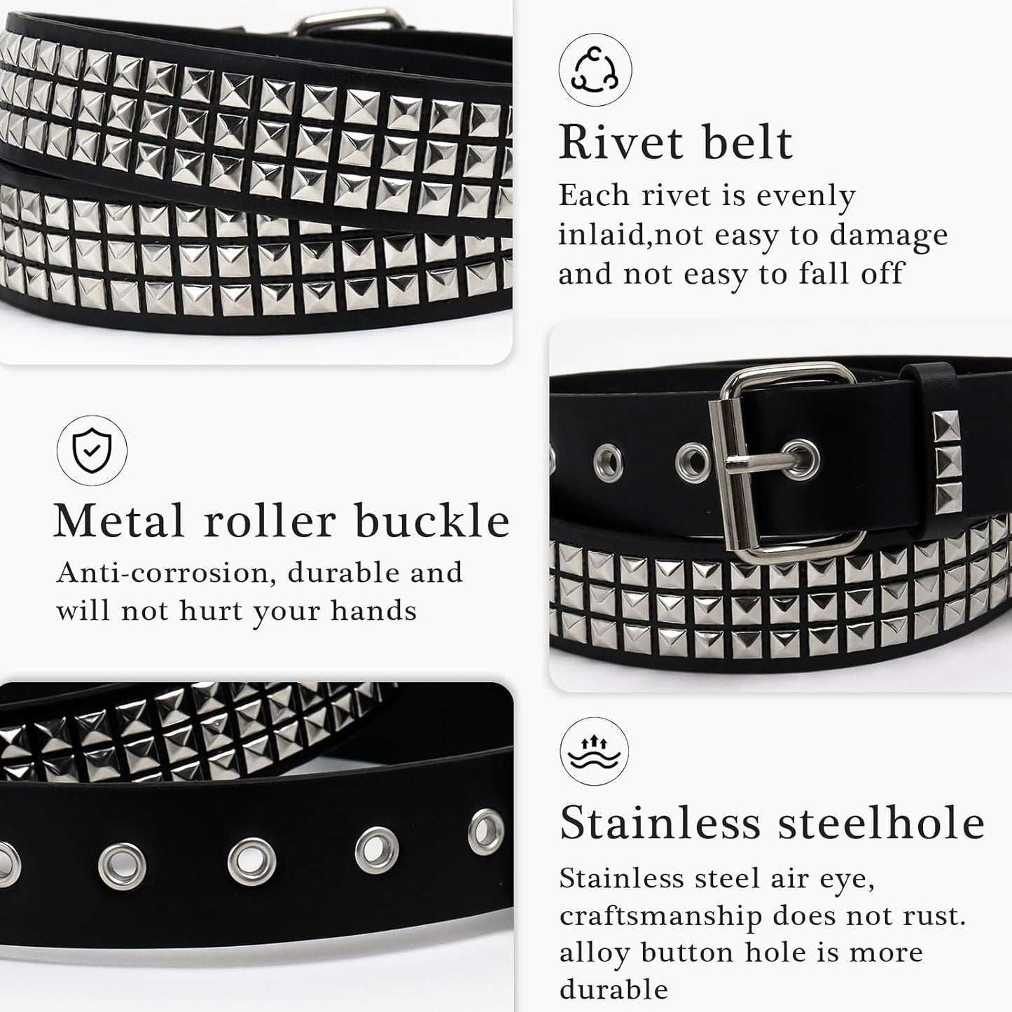 HOT3 Pcs Black Studded Belt Y2K Belt Star Gothic Punk Rock Belts with Grommet Threads Bright Metal Pyramid for Women Men