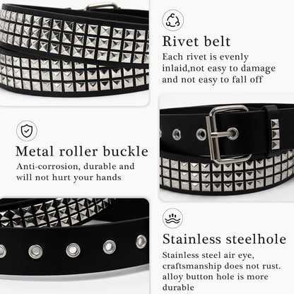 HOT3 Pcs Black Studded Belt Y2K Belt Star Gothic Punk Rock Belts with Grommet Threads Bright Metal Pyramid for Women Men