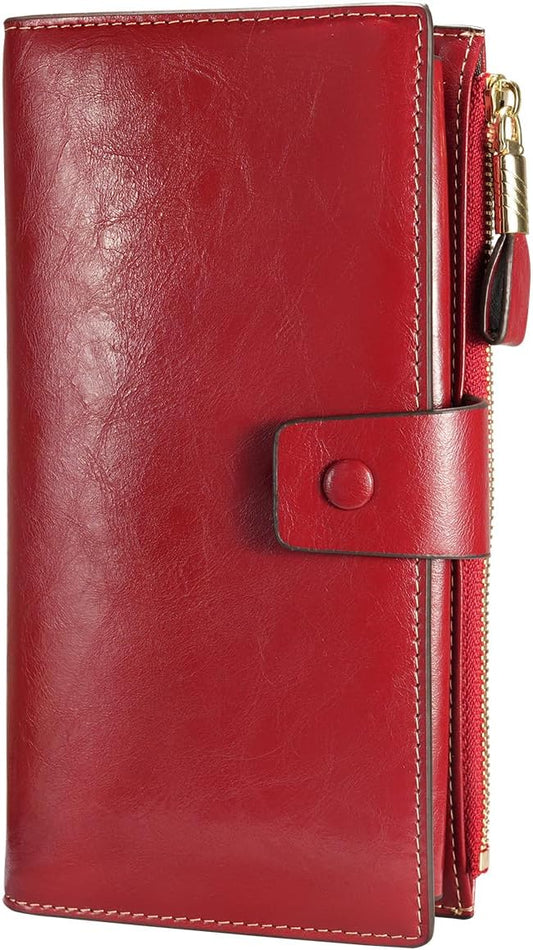 HOTItslife Womens RFID Blocking Large Capacity Luxury Wax Genuine Leather Wallet Clutch Ladies Card Holder, Red