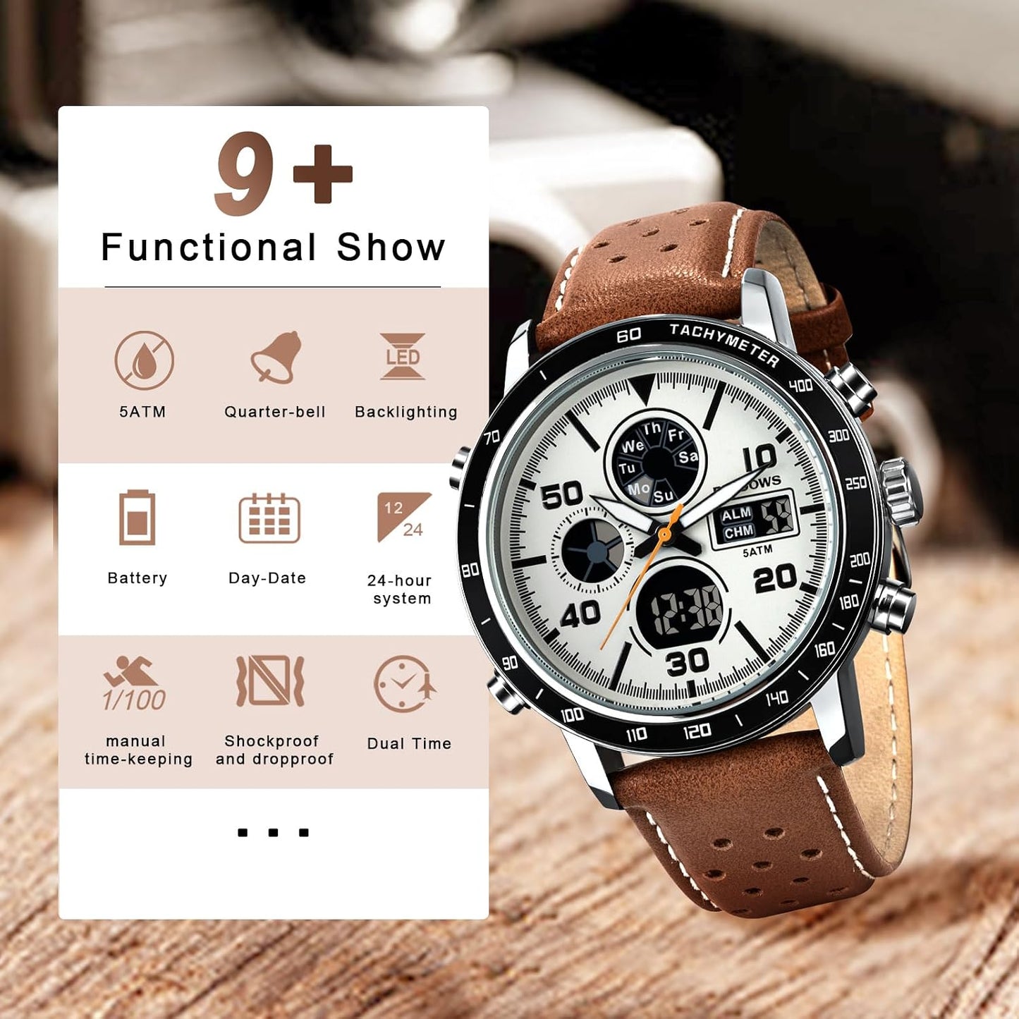 HOTPINDOWS Mens Digital Analog Watches, Multifunction Sport Casual | Dual time display, bright night backlight, daily alarm, precision stopwatch, and splash-proof construction