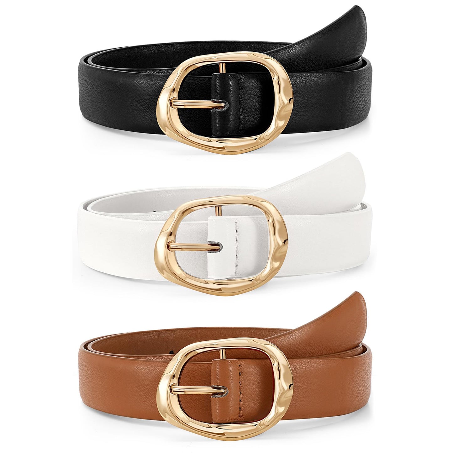 HOTJASGOOD 3 Pack Women Belts for Jeans Pants Ladies Leather Waist Belt Casual Fashion Trend Belt for Women with Gold Buckle
