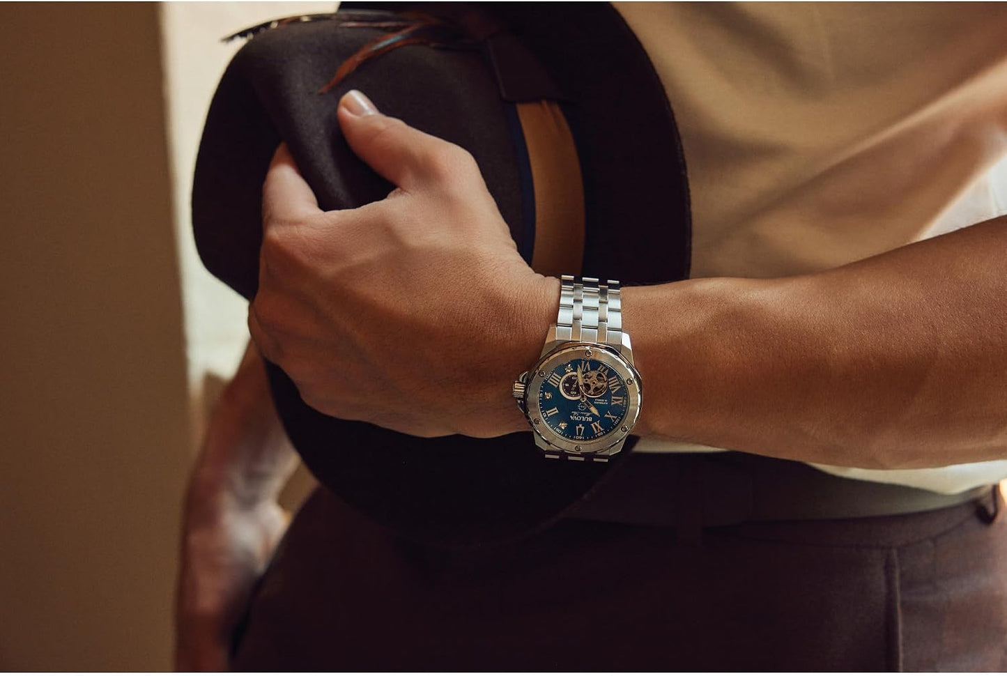 HOTBulova Marc Anthony Men's Automatic Marine Star Stainless Steel Watch,Open Aperture,Exhibition Case Back,Diamond Accent Blue Sunray Dial, (Model:98D184)