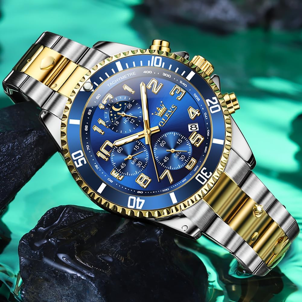 HOTOLEVS Watches Men Waterproof Luxury Big Face Mens Watch Stainless Steel Day Date Quartz Analog Dress Watches for Men Luminous Reloj para Hombres (Green/Blue/Black/Gold)