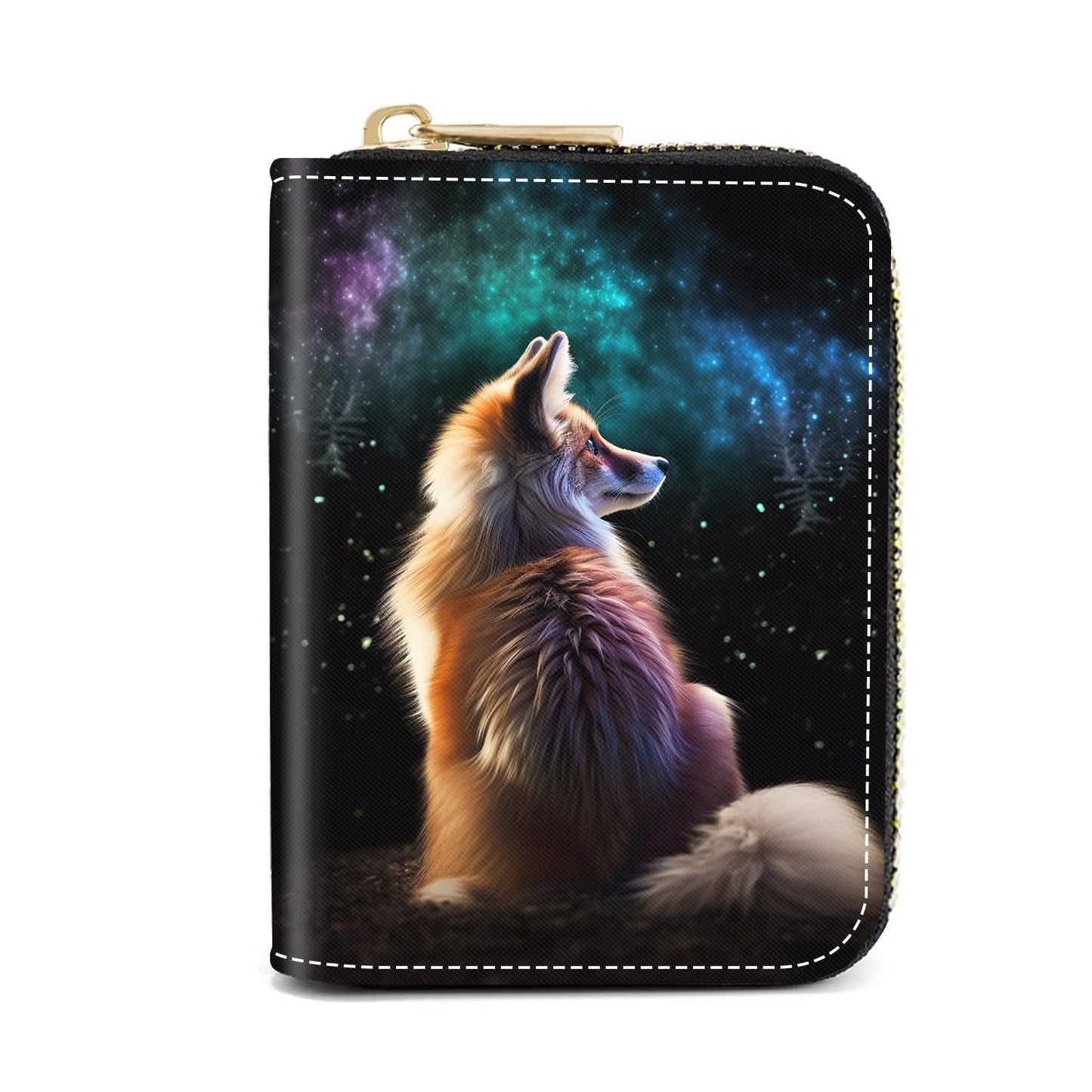 HOTCredit Card Holder Wallets for Women, Slim Leather Card Holder Wallet, Credit Card Wallet Organizer, Pocket Business Card Case with Zipper, Elephants and Flowers Under the Moon