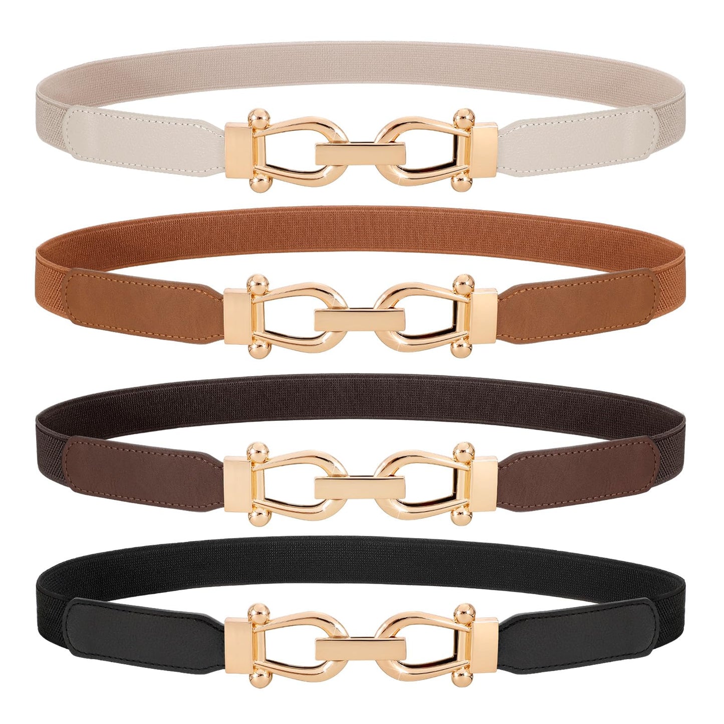 HOTWERFORU 4 Pack Women Skinny Elastic Waist Belt Gold Buckle Stretchy Thin Belt for Jeans Dress