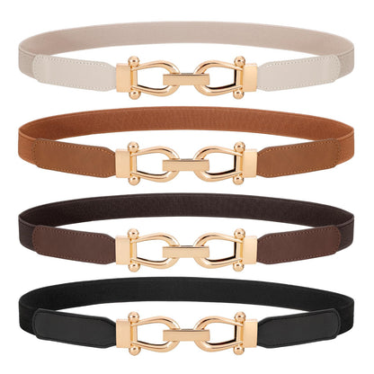 HOTWERFORU 4 Pack Women Skinny Elastic Waist Belt Gold Buckle Stretchy Thin Belt for Jeans Dress