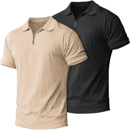 HOTplop 2 Pack Mens 1/4 Zipper Muscle Polo Shirts Slim Fit Collared Shirt Short Sleeve Ribbed Knit Fitted Casual Athletic Tee