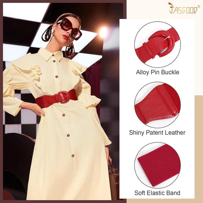HOTJASGOOD Women Wide Stretch Belt,Vintage Chunky Buckle Elastic Waist Belts Patent Leather Belt 50s Belt for Dress