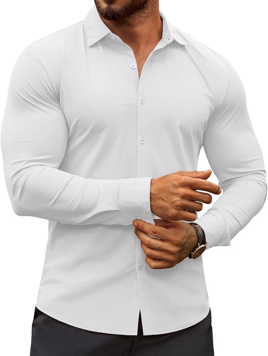 HOTCOOFANDY Men's Muscle Fit Dress Shirts Wrinkle-Free Long Sleeve Casual Button Down Shirts