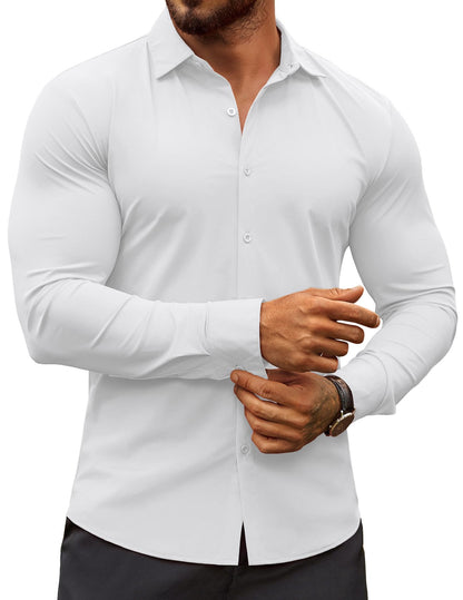 HOTCOOFANDY Men's Muscle Fit Dress Shirts Wrinkle-Free Long Sleeve Casual Button Down Shirts