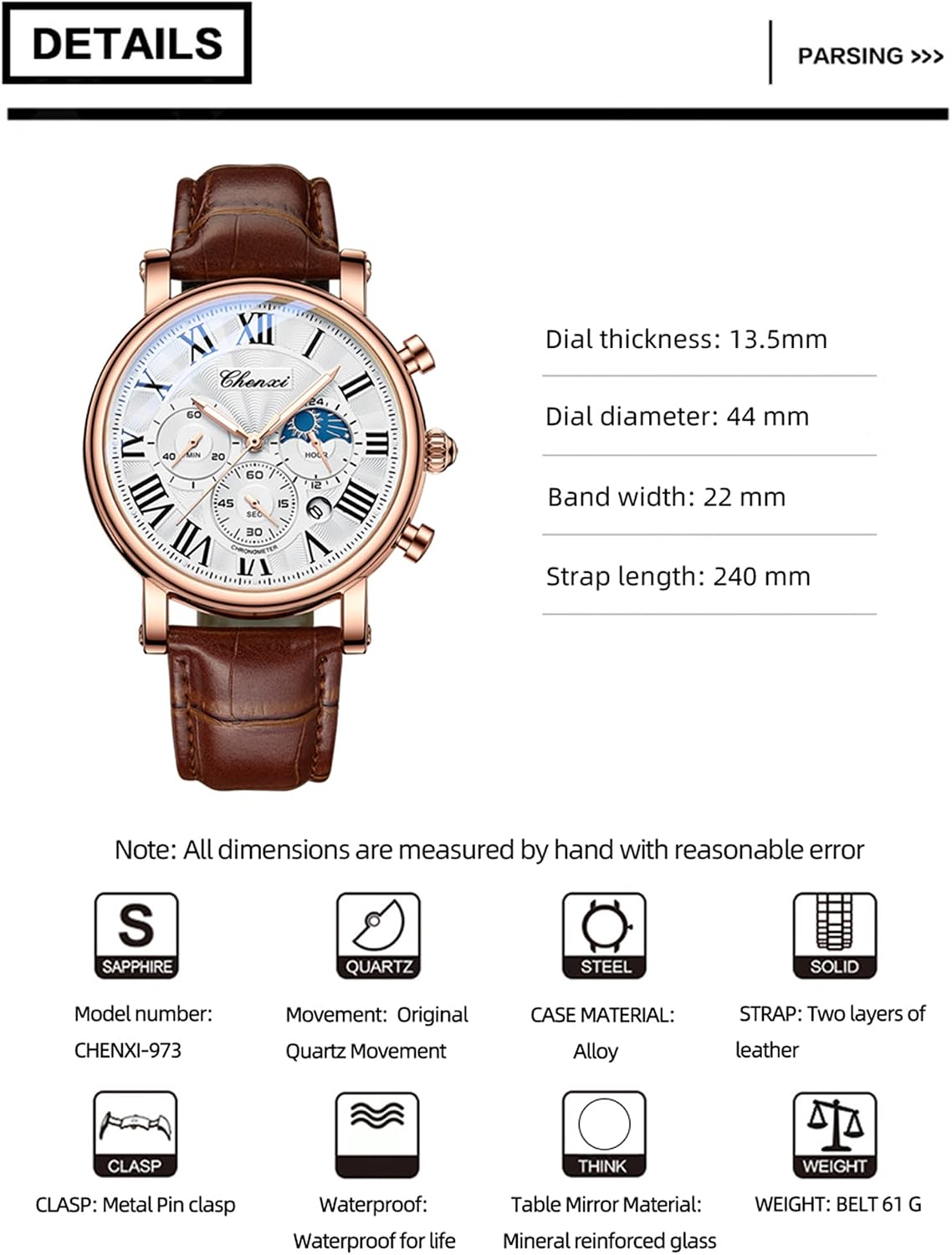 HOTFANMIS Men's Classic Watches Multifunctional Analog Watch Business Dress Waterproof Luminous Chronograph Starry Sky Moon Phase Leather Wristwatch