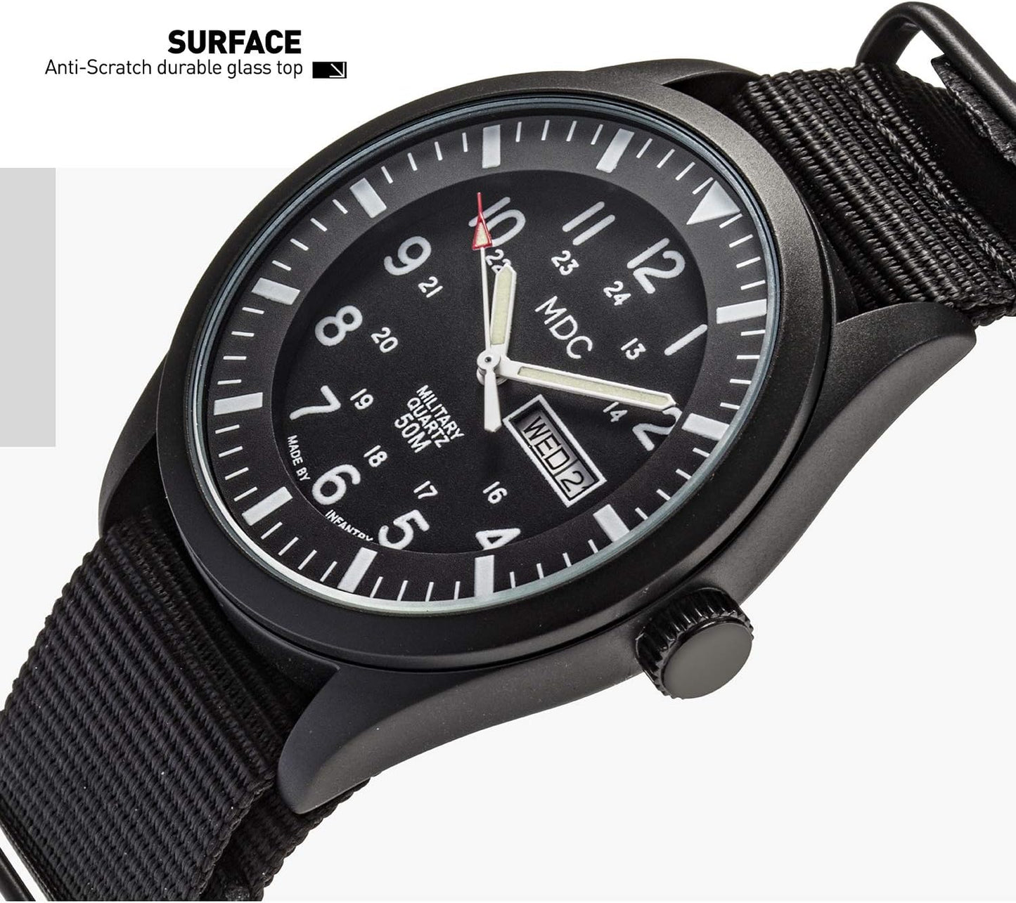 HOTInfantry MDC Mens Military Field Watch, 12/24H Day Date, Waterproof Nylon | Tactical Army Style, Analog Quartz, Stealth and Vietnam Style Options, Band for Outdoor Work Sport