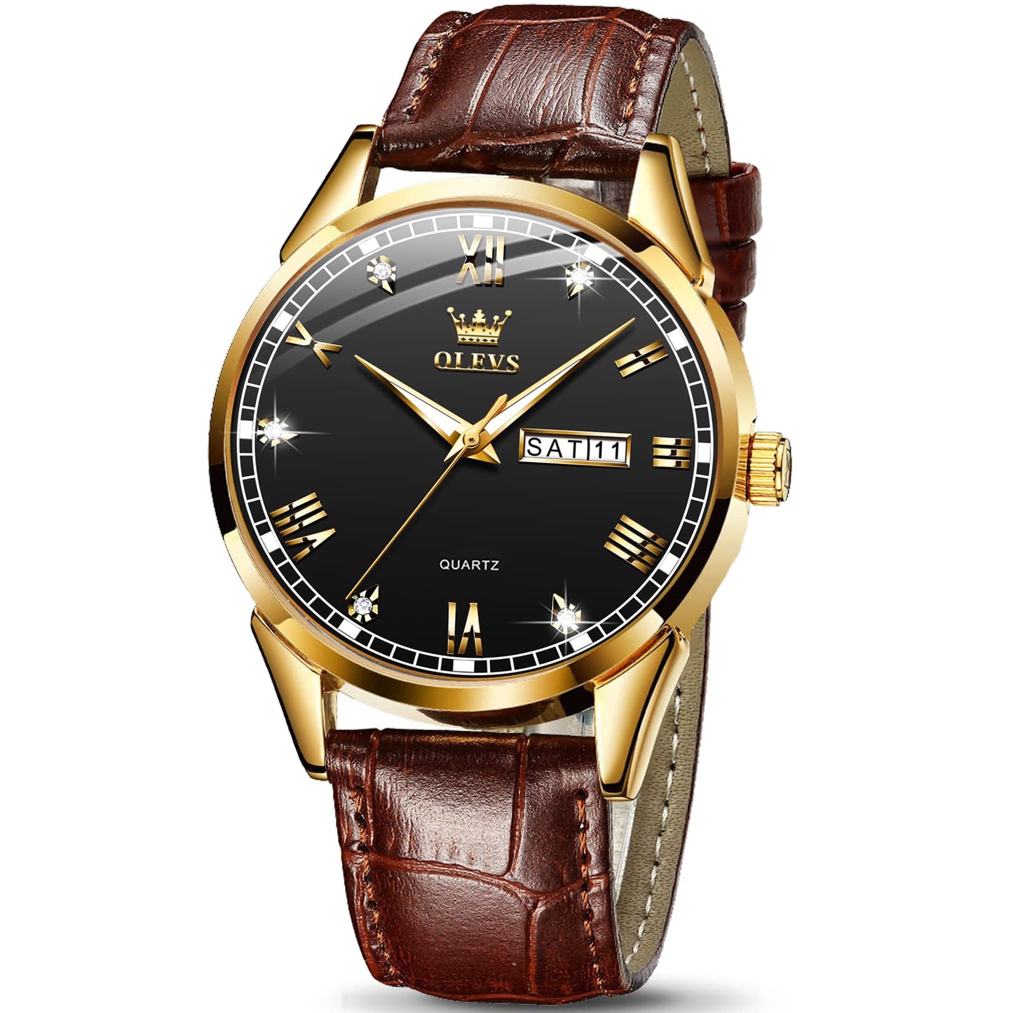 HOTOLEVS Mens Watch Brown Leather Band Dress Watch for Men Quartz Waterproof Men's Wrist Watch 38MM Gold Case Easy to Read Day Date Business Casual Men Watches Gifts for Him Relojes para Hombres